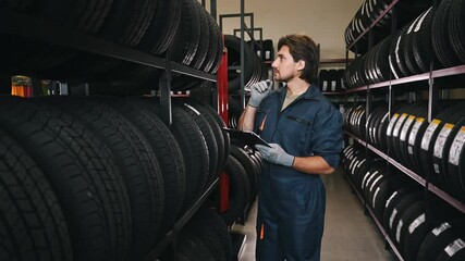 Portrait of smiling mechanic employee in work uniform looking camera at car tires shop service, Specialist tire fitting in the car service, checks the tire and rubber tread for safety.