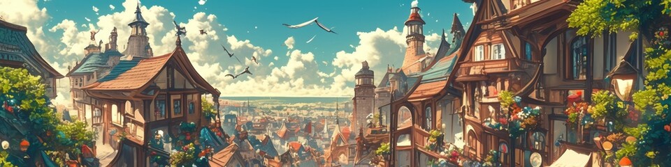 Fototapeta premium Enchanting Digital Fairytale Town: Abstract European Street Scene with Anime-Inspired Aesthetics. Conceptual Art for Novel Backgrounds, Video Game Environments, and Industrial Landscapes. Elegant Mini
