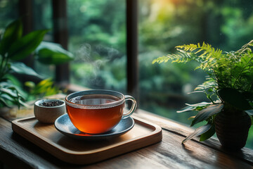 Cup of herbal tea on a wooden tray next to a peaceful garden view 