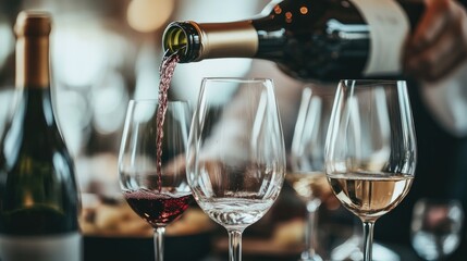 A wine sommelier pouring wine into glasses during a tasting event