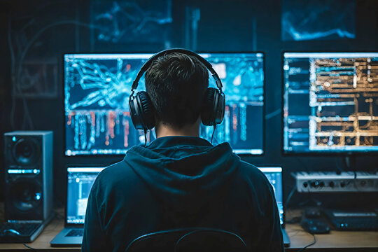 A man from back sitting, facing computer screens.