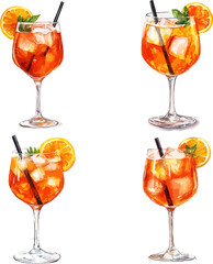 Delicious Spritz Cocktail Set Watercolor Vector Illustration.