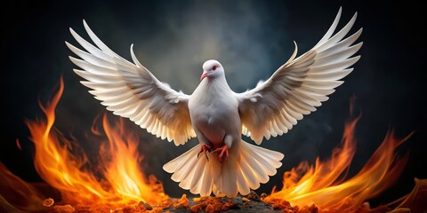 Fototapeta premium A photo image of a white dove perched on a fiery ember, wings spread, as flames lick its feathers, with a blurred background of darkness.