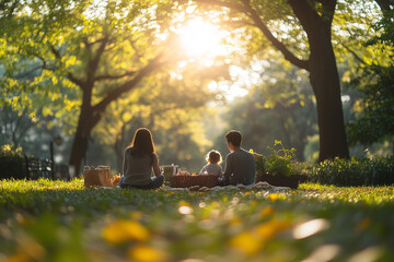 Family enjoying a picnic in the park on a sunny day