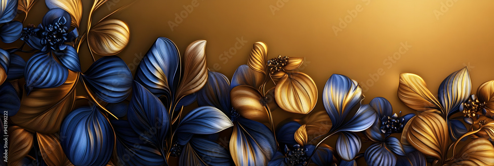 Wall mural stunning 3d artwork of golden and dark floral designs on a golden background.