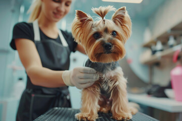 Photo of a funny happy dog in grooming salon generative AI