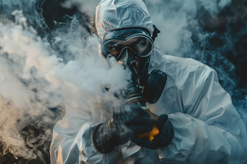 Obraz premium Generative AI illustration of people in biohazard protective clothes suits disinfection pollution gas radioactive elements