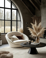 Modern Living Room with Sofa, Armchair, Coffee Table, Wooden Features, and Neutral Tones, Embracing Boho Style with Concrete Wall and Abundant Natural Light.