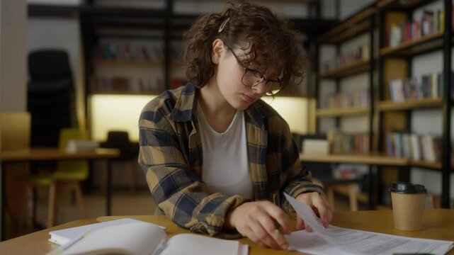 A brunette girl with curly hair wearing glasses takes a test at a table in the library
