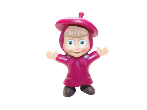 Baia Mare, Romania - August 4 2022: Masha toy from the cartoon Masha and the Bear. Isolated on white