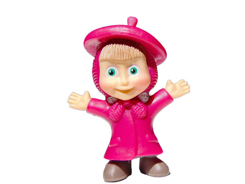 Baia Mare, Romania - August 4 2022: Masha toy from the cartoon Masha and the Bear. Isolated on white
