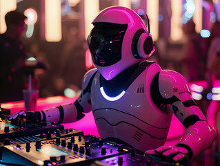 Naklejka premium Friendly robot DJ at a party. Neural network AI generated art