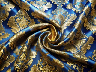 Fototapeta premium A luxurious photo image of a silk fabric features an intricate damask pattern in shimmering gold and blue tones, exuding opulence and elegance.