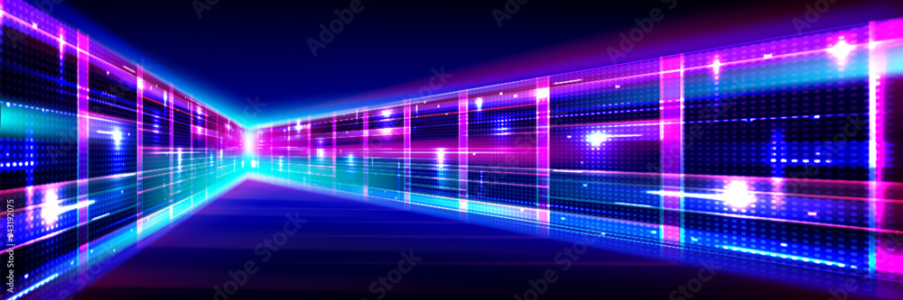 Poster abstract data center room with bright neon blue and pink light glowing server blocks. realistic 3d v
