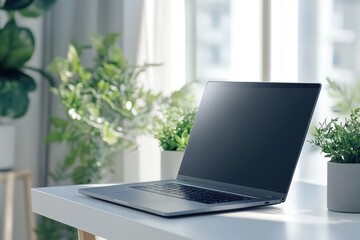 Minimalist home office with open laptop and plants