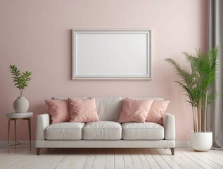 Minimalist Living Room with White Sofa and Pink Wall