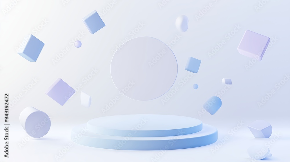 Aufkleber floating geometric shapes on a minimalistic platform in a serene and bright digital environment