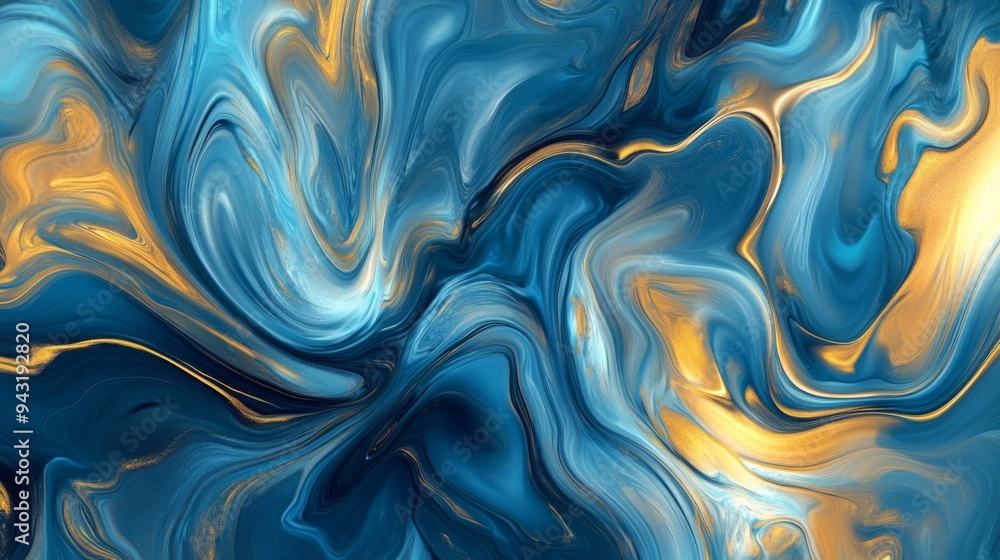 Leinwandbilder An abstract background with swirling colors of blue and gold, creating a dynamic and fluid pattern with a sense of motion.