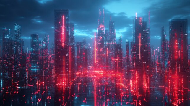 AIcontrolled metropolis, digital architecture, futuristic society, neon holograms.