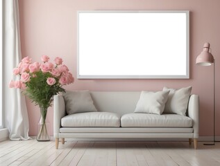 White Sofa and Blank Frame in a Pink Room with Flowers
