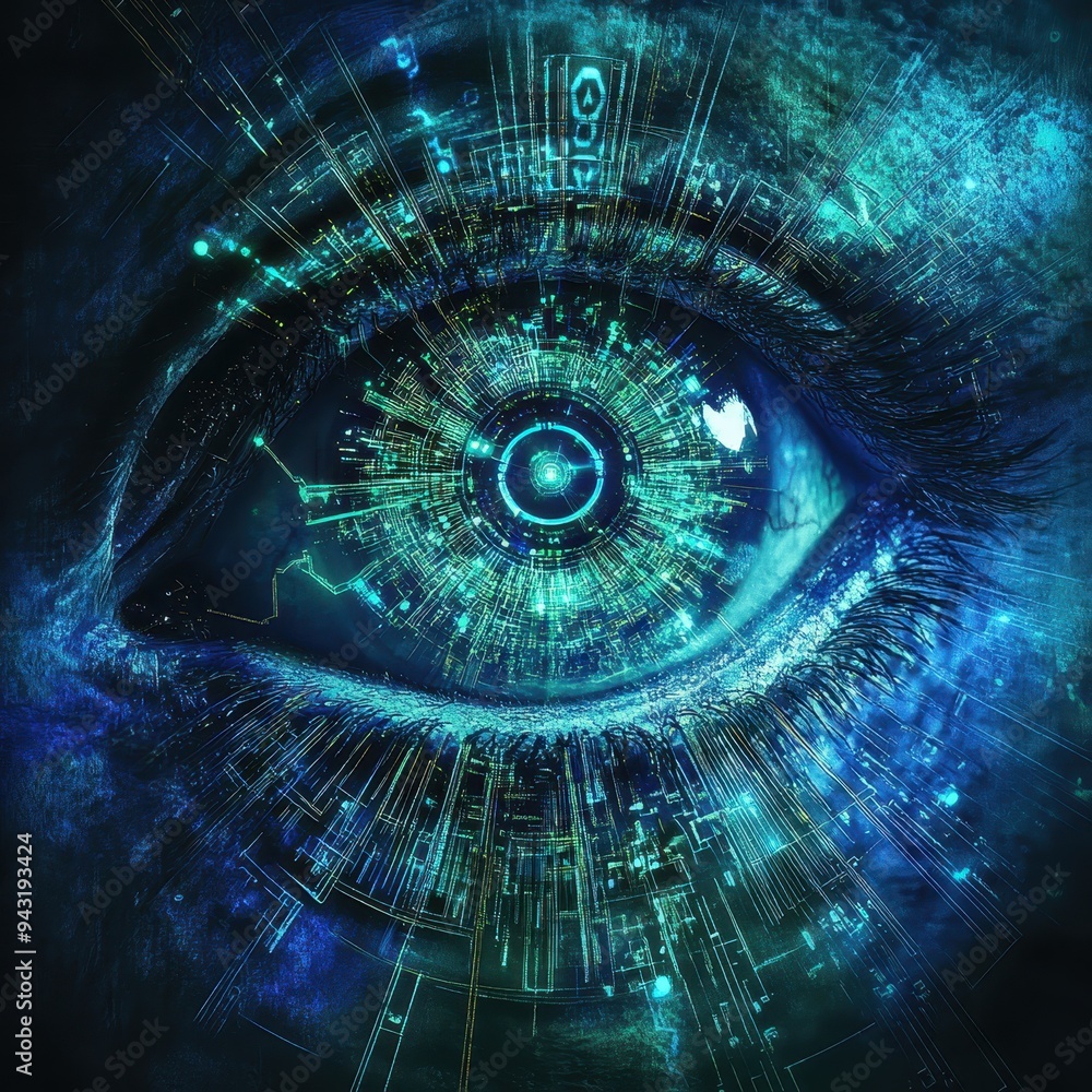 Poster abstract digital eye with circuitry and glowing lines - futuristic concept.