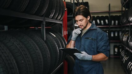 Portrait of smiling mechanic employee in work uniform looking camera at car tires shop service, Specialist tire fitting in the car service, checks the tire and rubber tread for safety.