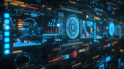 Obraz premium Futuristic digital dashboard displaying various data analytics and graphs suitable for tech presentations or cybersecurity content illustrating information technology and data management concepts,
