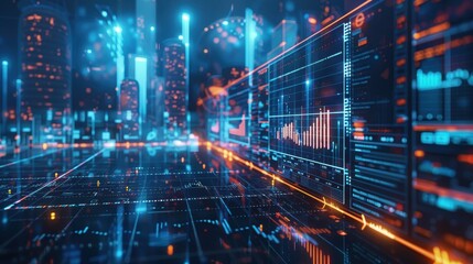 Fototapeta premium Futuristic cityscape with digital data analytics displayed on holographic screens perfect for technology, finance, or cyber themes,