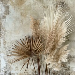 Dried Palm Leaves and Pampas Grass on Rustic Concrete Wall - Abstract Botanical Background.