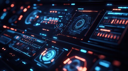 Obraz premium Futuristic Sci-Fi Interface Design with Blue and Orange Glowing Lights.