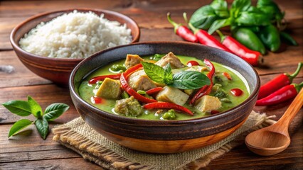 Freshly prepared vibrant green Thai curry with tender chicken, crunchy bell peppers, and steaming hot jasmine rice, served in a rustic ceramic bowl.