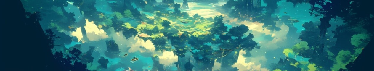 Fototapeta premium Enchanted Forest Game Board: Top-View Fantasy Landscape with Floating Islands. Abstract Anime-Style Concept Art for Video Games, Book Illustrations, and Marketing Campaigns. Minimalist Digital Paintin