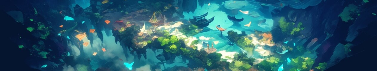 Fototapeta premium Enchanted Forest Game Board: Top-View Fantasy Landscape with Floating Islands. Abstract Anime-Style Concept Art for Video Games, Book Illustrations, and Marketing Campaigns. Minimalist Digital Paintin