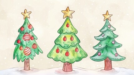 Hand-drawn Festive Christmas Trees with Colorful Ornaments