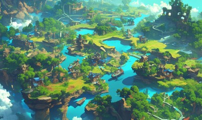 Enchanted Forest Game Board: Top-View Fantasy Landscape with Floating Islands. Abstract Anime-Style Concept Art for Video Games, Book Illustrations, and Marketing Campaigns. Minimalist Digital Paintin