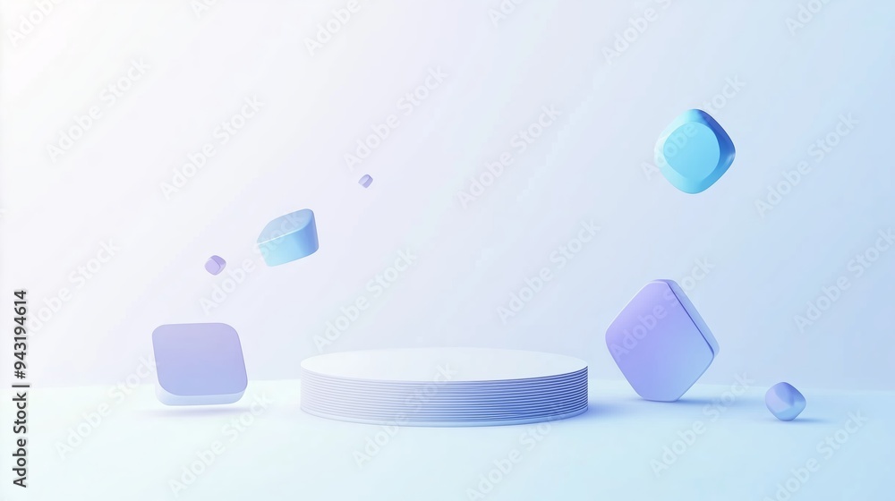 Poster abstract composition of floating geometric shapes above a circular platform in a soft pastel color s