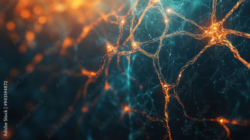 Poster abstract neural network with glowing orange connections and blue background - science and technology