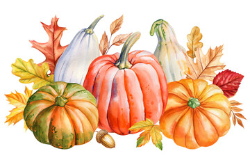 Fall composition. Pumpkin, autumn leaves isolated watercolor illustration for postcard, poster design. Vegetable pumpkin