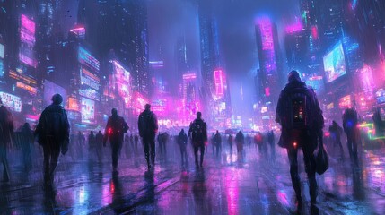 Naklejka premium Futuristic urban landscape, AI integration, digital society, neon holograms.