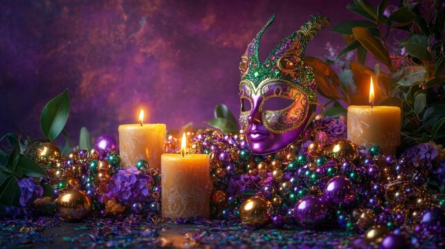 Mysterious Venetian Masquerade Mask with Candles and Beads