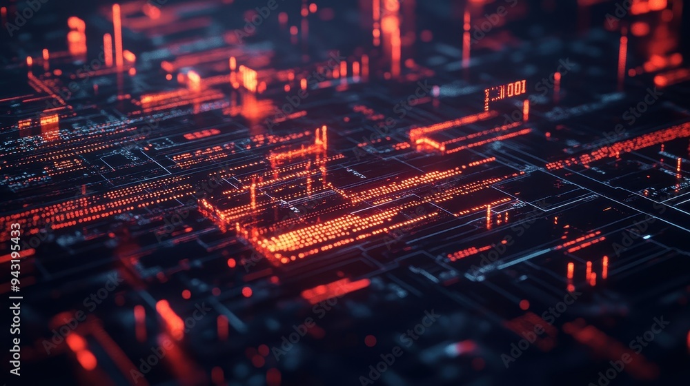 Aufkleber abstract red glowing lines and circuit board pattern - futuristic technology background.