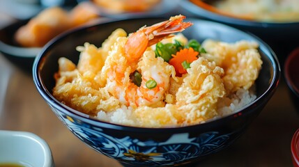 30. A bowl of Japanese tempura with shrimp and vegetables