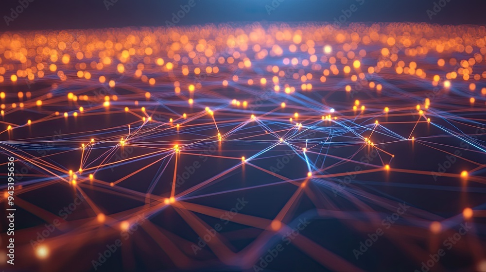 Poster a 3d rendering of a digital network, with lines and points connecting globally.