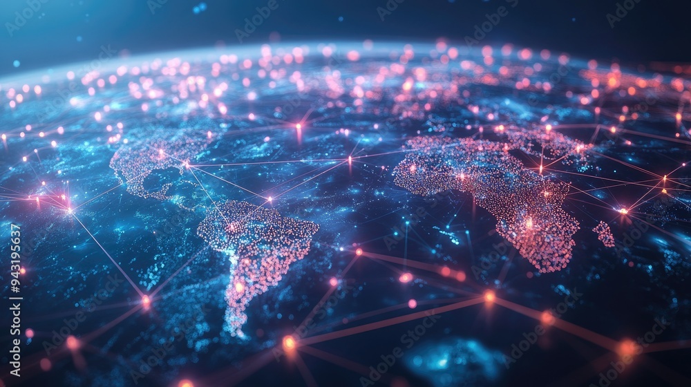 Poster a 3d rendering of a digital network, with lines and points connecting globally.