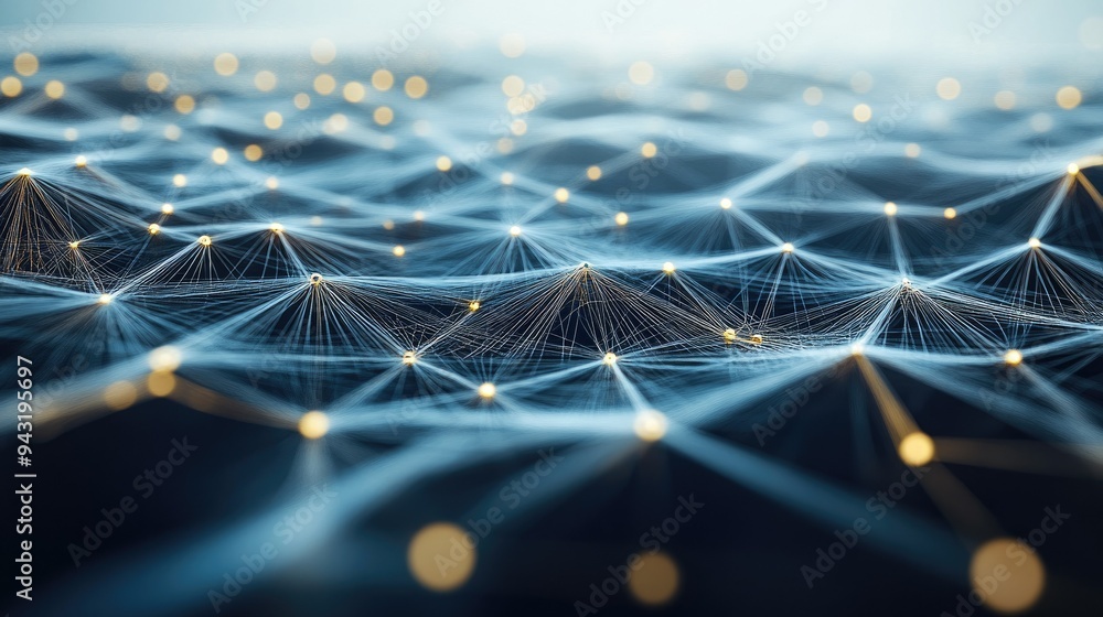 Poster a 3d rendering of a digital network, with lines and points connecting globally.