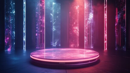 Futuristic Neon Glowing Platform with Abstract Background.