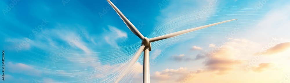 Wall mural wind turbine against blue sky with fluffy clouds and golden sunset hues - renewable energy, clean energy, sustainable future, power generation, wind farm.