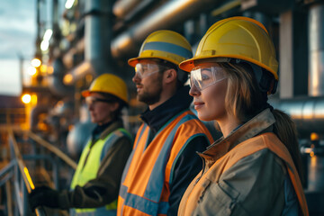 Team of Engineers in Safety Gear Working at Industrial Oil Refinery Site