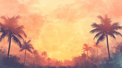 Tropical Sunset Palm Trees Watercolor Background