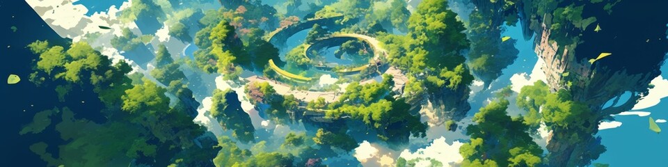 Enchanted Forest Game Board: Top-View Fantasy Landscape with Floating Islands. Abstract Anime-Style Concept Art for Video Games, Book Illustrations, and Marketing Campaigns. Minimalist Digital Paintin